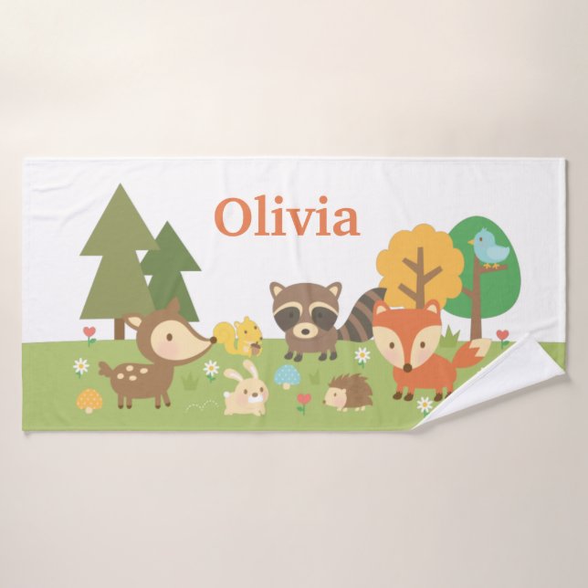 Cute Woodland Animals Deer Fox Racoon Kids Bath Towel (Bath Towel)