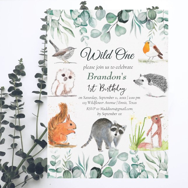 Cute Woodland Animals Eucalyptus First Birthday Invitation (Creator Uploaded)
