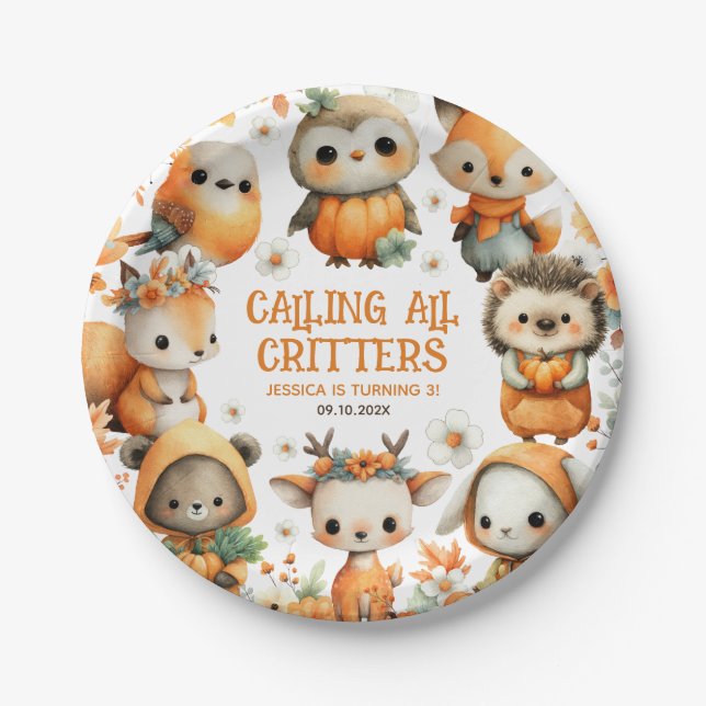 Cute Woodland Animals Festive Autumn Kids Birthday Paper Plate (Front)