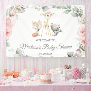 Cute Woodland Animals Floral Baby Shower Backdrop Banner