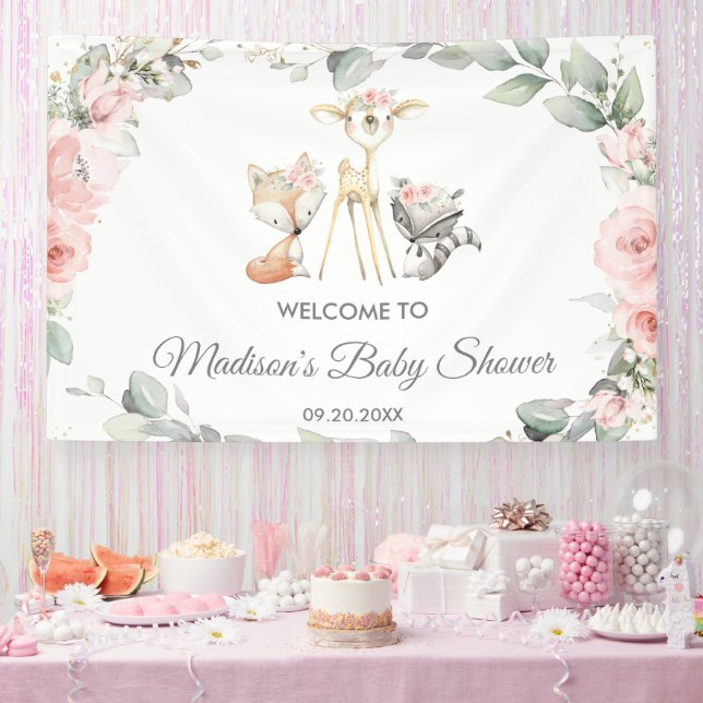 Cute Woodland Animals Floral Baby Shower Backdrop Banner (Party)