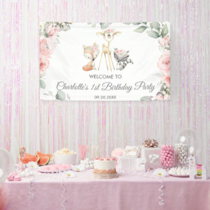 Cute Woodland Animals Floral Birthday Backdrop Banner
