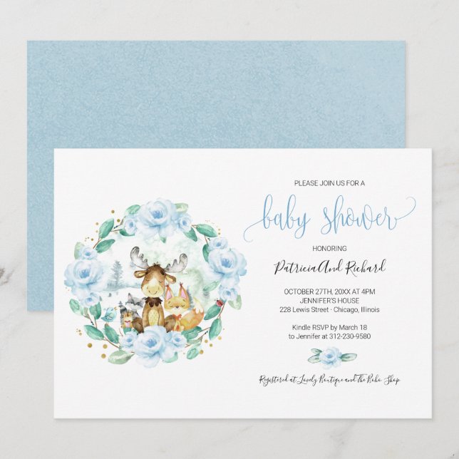 Cute Woodland Animals Floral Greenery Baby Shower Invitation (Front/Back)