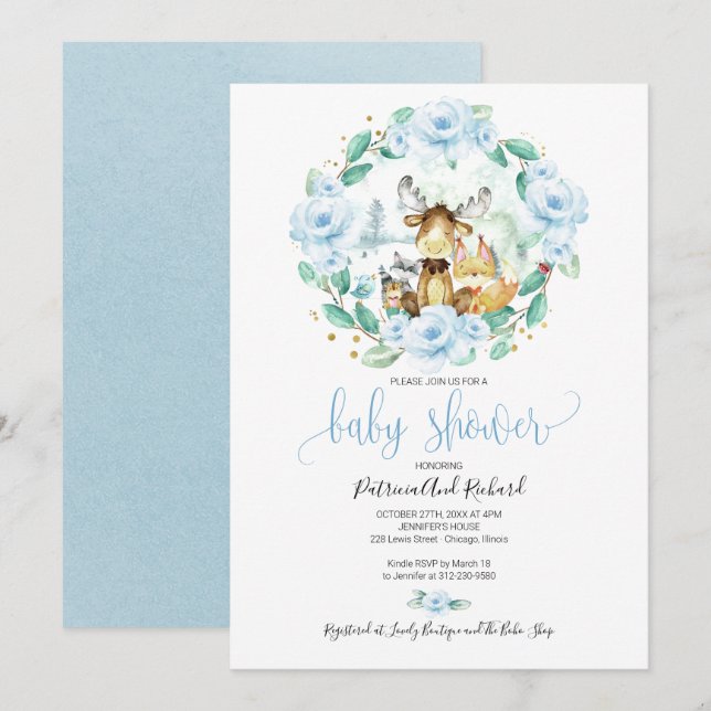 Cute Woodland Animals Floral Greenery Baby Shower Invitation (Front/Back)