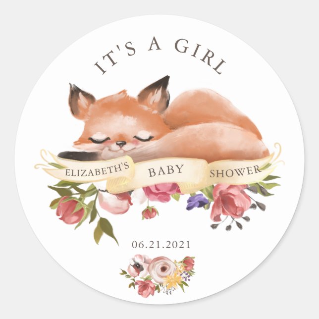 Cute Woodland Animals Floral It's a Girl Sticker (Front)
