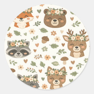 Cute Woodland Animals Floral Pattern Classic Round Sticker
