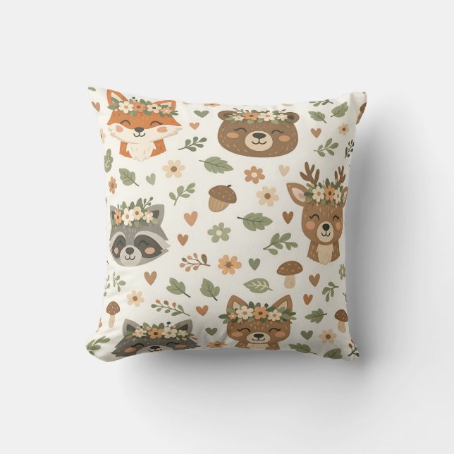 Cute Woodland Animals Floral Pattern Cushion (Front)