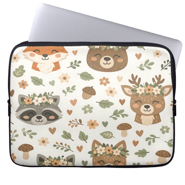Cute Woodland Animals Floral Pattern Laptop Sleeve (Front)