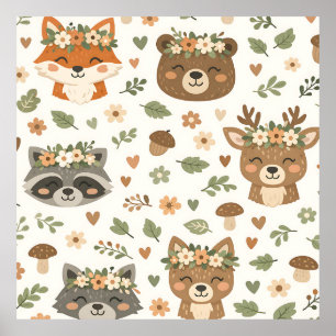 Cute Woodland Animals Floral Pattern Poster