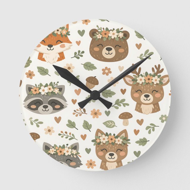 Cute Woodland Animals Floral Pattern Round Clock (Front)