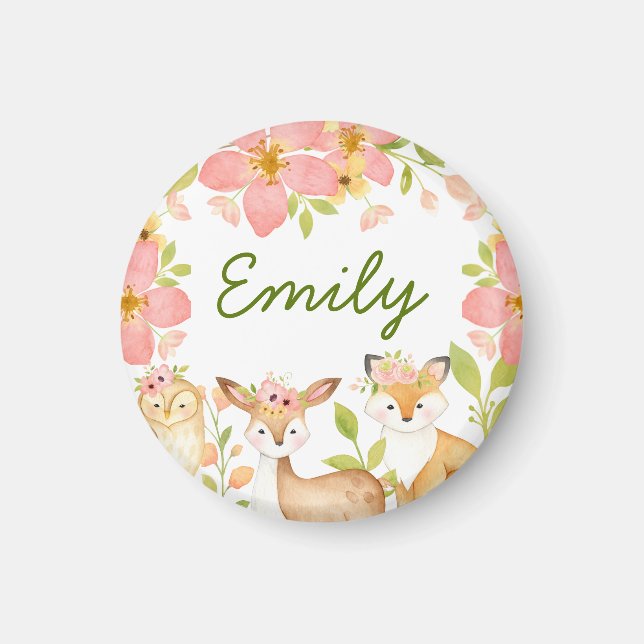 Cute Woodland Animals Floral Personalised Magnet (Front)