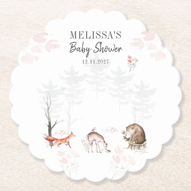 Cute Woodland Animals Forest Baby Shower Paper Coaster (Front)