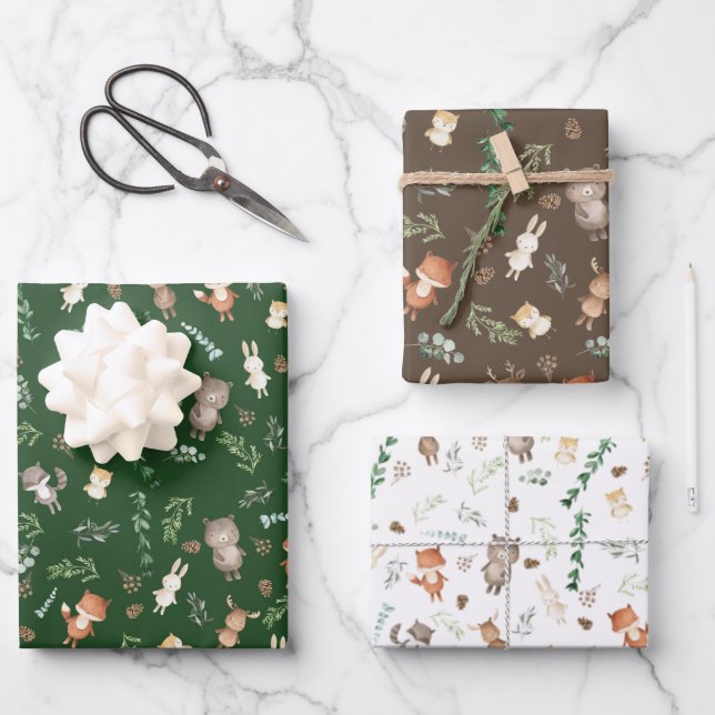 Cute Woodland Animals Forest Greenery Baby Shower Wrapping Paper Sheet (Front)
