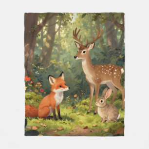Cute Woodland Animals Forest Scene Fleece Blanket