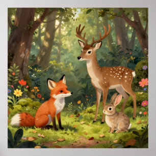 Cute Woodland Animals Forest Scene Poster