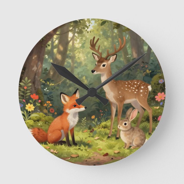Cute Woodland Animals Forest Scene Round Clock (Front)