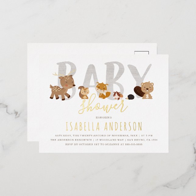Cute Woodland Animals | Gender Neutral Baby Shower Foil Invitation Postcard (Front/Back)