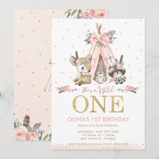 Cute Woodland Animals Girl Wild One 1st Birthday Invitation (Front/Back)