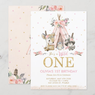 Cute Woodland Animals Girl Wild One 1st Birthday Invitation