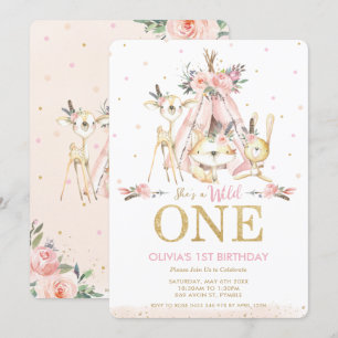Cute Woodland Animals Girl Wild One 1st Birthday Invitation