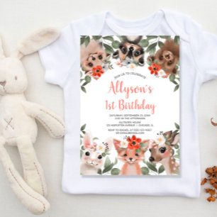 Cute woodland animals girls 1st birthday party invitation