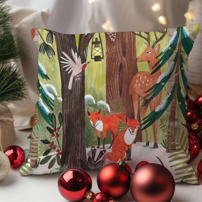Cute Woodland animals Green Christmas  Cushion (Cute Woodland animals Green Christmas Throw Pillow)