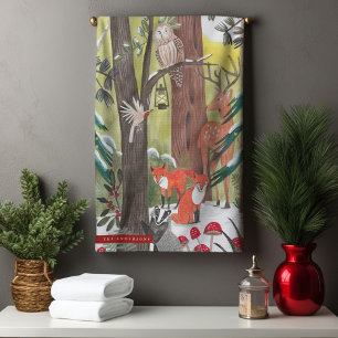 Cute woodland animals green forest Christmas Tea Towel