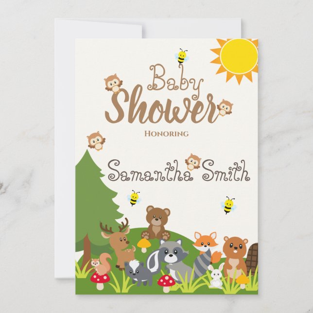 Cute Woodland Animals Green Tree Sun Baby Shower Invitation (Front)