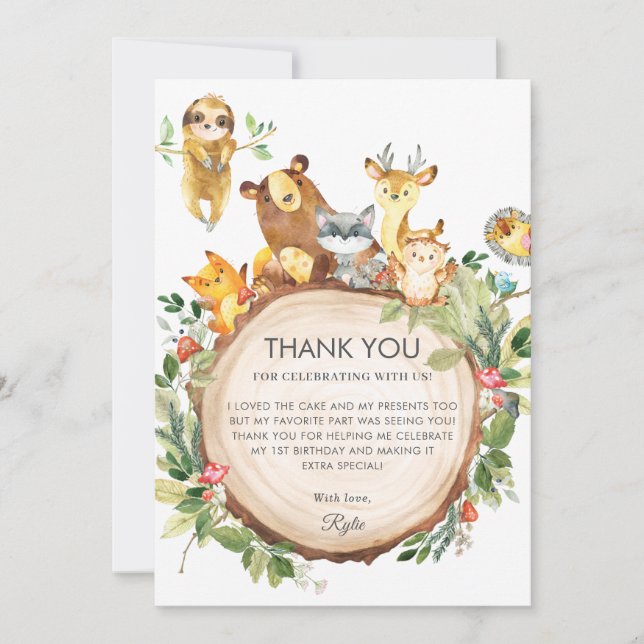 Cute Woodland Animals Greenery 1st Birthday Party Thank You Card (Front)