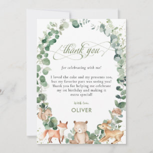 Cute Woodland Animals Greenery 1st Birthday Party Thank You Card