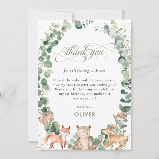 Cute Woodland Animals Greenery 1st Birthday Party  Thank You Card (Front)