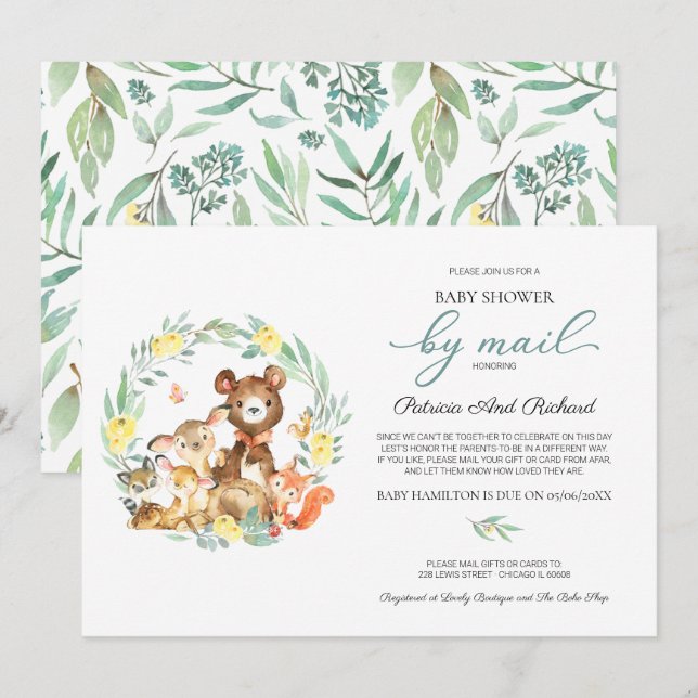 Cute Woodland Animals Greenery Baby Shower By Mail Invitation (Front/Back)