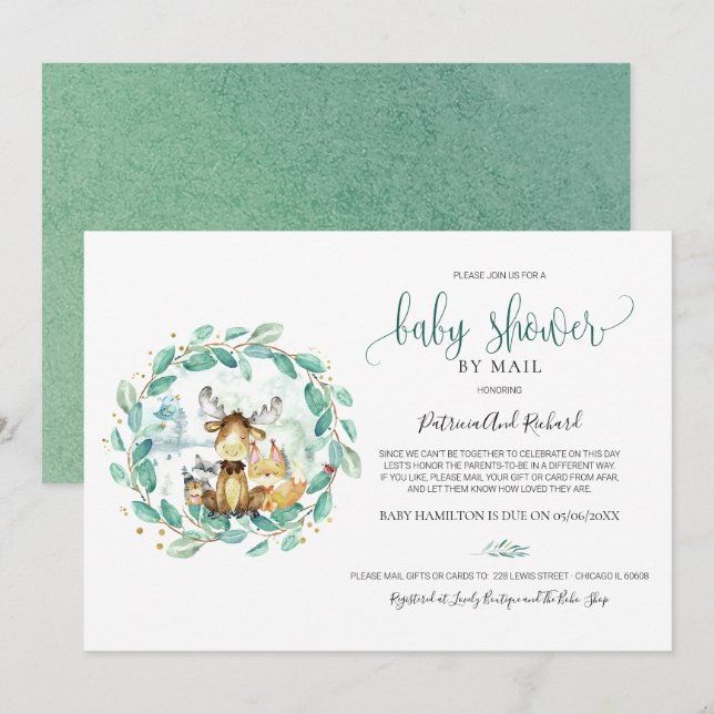 Cute Woodland Animals Greenery Baby Shower By Mail Invitation (Front/Back)