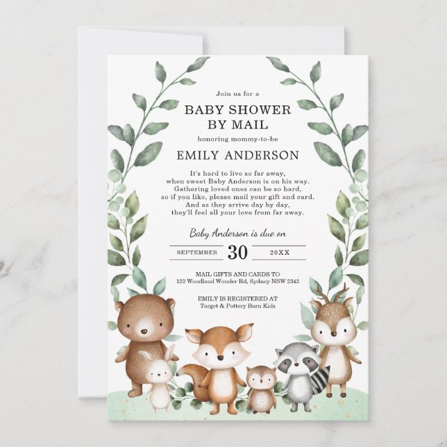 Cute Woodland Animals Greenery Baby Shower By Mail Invitation (Front)
