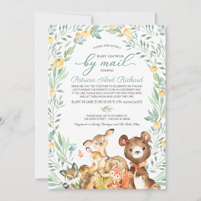 Cute Woodland Animals Greenery Baby Shower By Mail Invitation (Front)