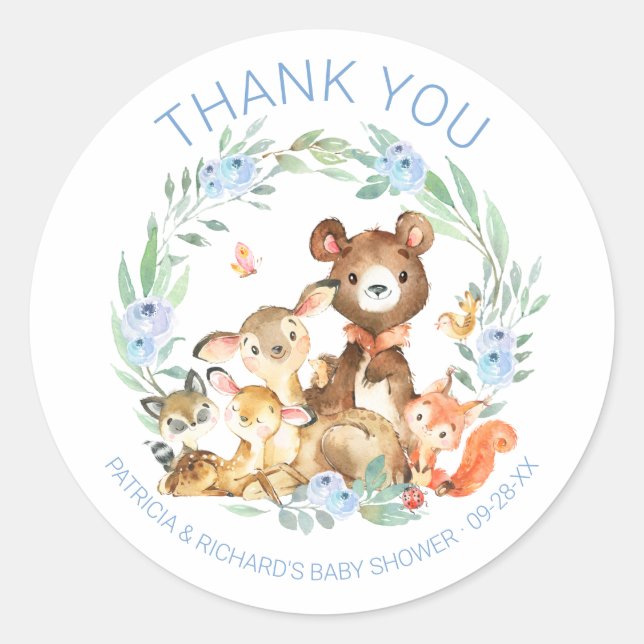 Cute Woodland Animals Greenery Baby Shower Classic Round Sticker (Front)
