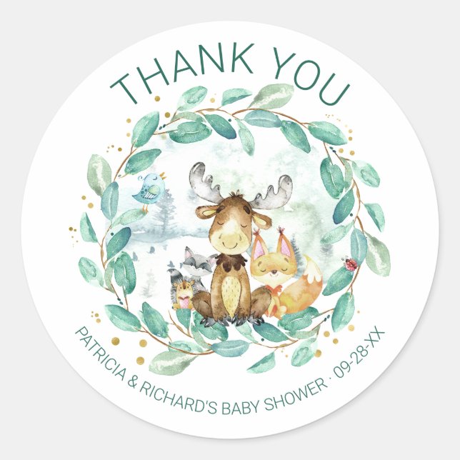 Cute Woodland Animals Greenery Baby Shower Classic Round Sticker (Front)