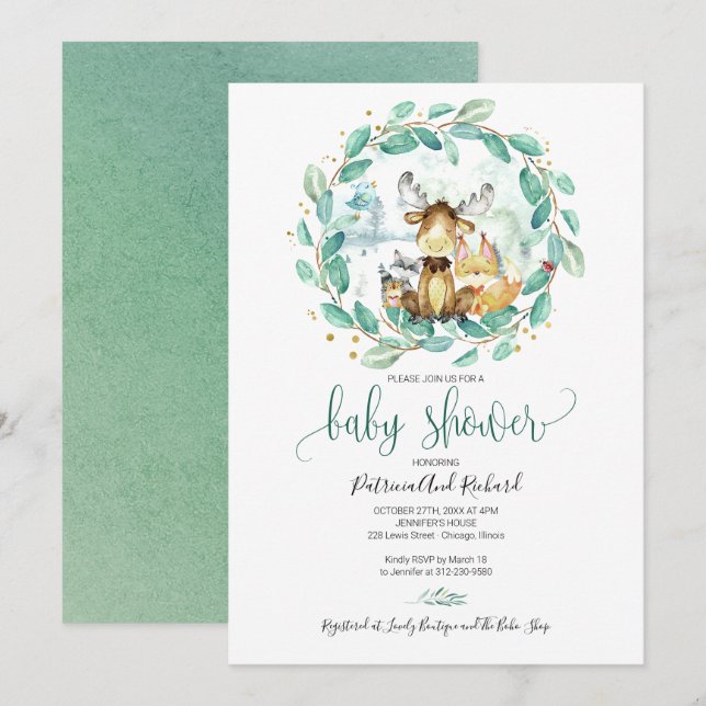 Cute Woodland Animals Greenery Baby Shower Invitation (Front/Back)