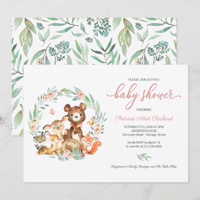Cute Woodland Animals Greenery Baby Shower Invitation (Front/Back)