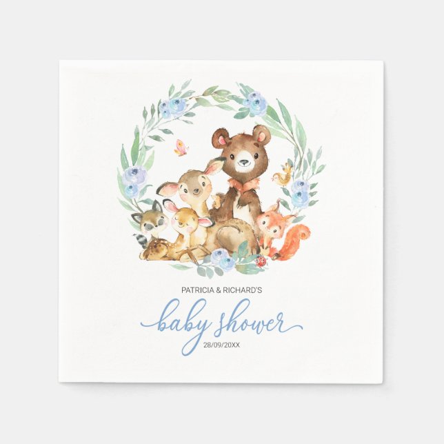 Cute Woodland Animals Greenery Baby Shower Napkin (Front)