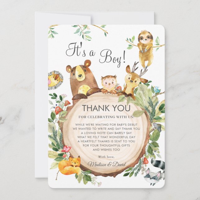 Cute Woodland Animals Greenery Baby Shower Neutral Thank You Card (Front)