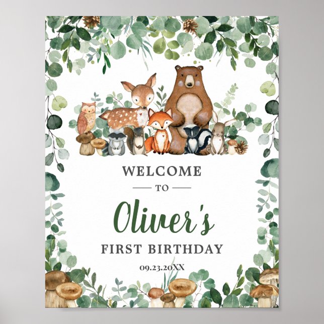 Cute Woodland Animals Greenery Birthday Welcome  Poster (Front)