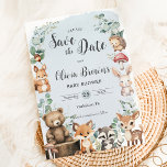 Cute Woodland Animals Greenery Blue Baby Shower Save The Date<br><div class="desc">Personalise this cute woodland save the date easily and quickly. Simply click the customise it further button to edit the texts,  change fonts and fonts colours. Featuring adorable baby woodland animals. Matching items available in store. (c) Somerset Fine Paperie</div>