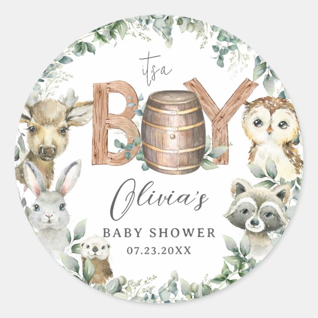 Cute Woodland Animals Greenery Boy Baby Shower  Classic Round Sticker (Front)