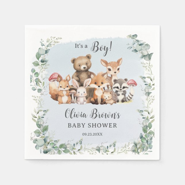 Cute Woodland Animals Greenery Boy Baby Shower Napkin (Front)