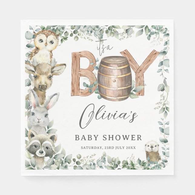 Cute Woodland Animals Greenery Boy Baby Shower  Napkin (Front)
