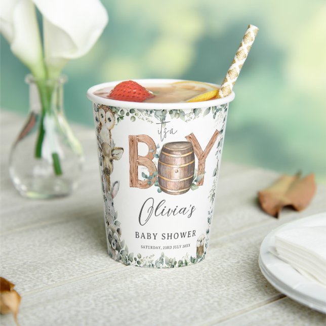 Cute Woodland Animals Greenery Boy Baby Shower  Paper Cups (Insitu)