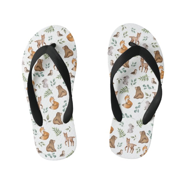 Cute Woodland Animals Greenery Forest Fable Kid's Flip Flops (Footbed)