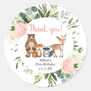 Cute woodland animals greenery girl birthday classic round sticker