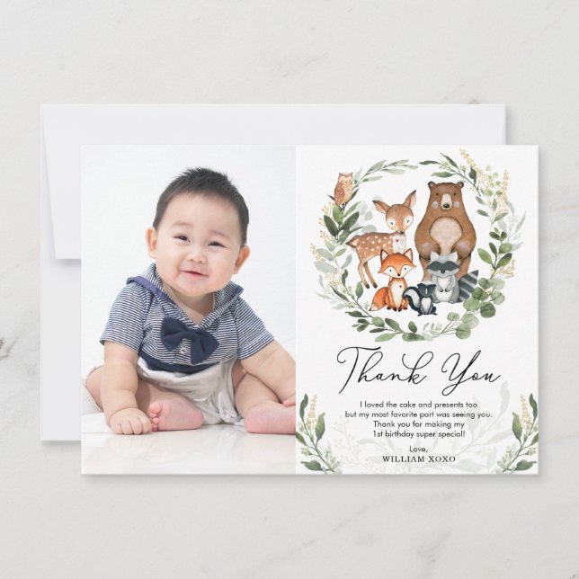 Cute Woodland Animals Greenery Gold Birthday Thank You Card (Front)